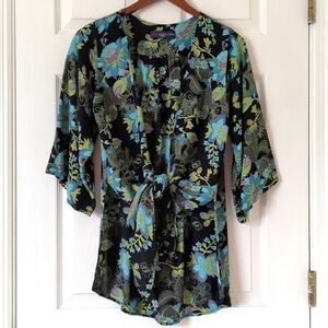 Love Lucy Love The Weekender Floral Tie Front Quarter Sleeve Kimono Cardigan XS